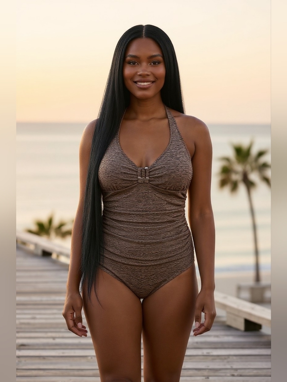 Anne Cole Metallic Ruched Halter One Piece Swimsuit Bronze Gold Size 10